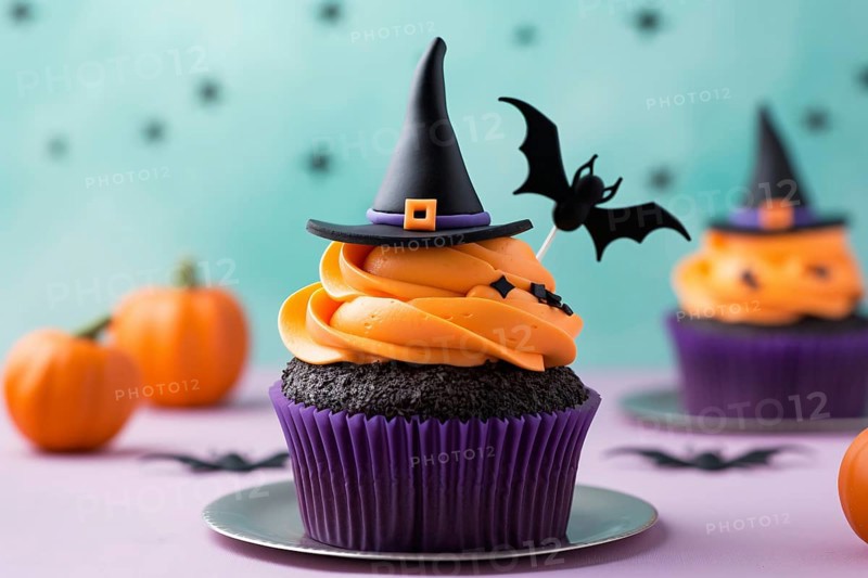 Black and purple Halloween cupcake with orange frosting, witch hat and bat decoration. KI generiert, generiert AI generated