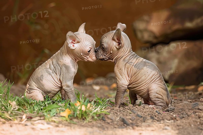 Two cute Mexican Hairless pups seated and looking at each other, AI generated