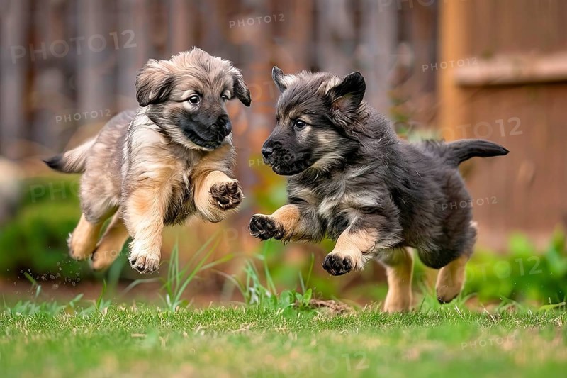 Two young Anatolian shepherd pups playing and jumping in the grass, AI generated