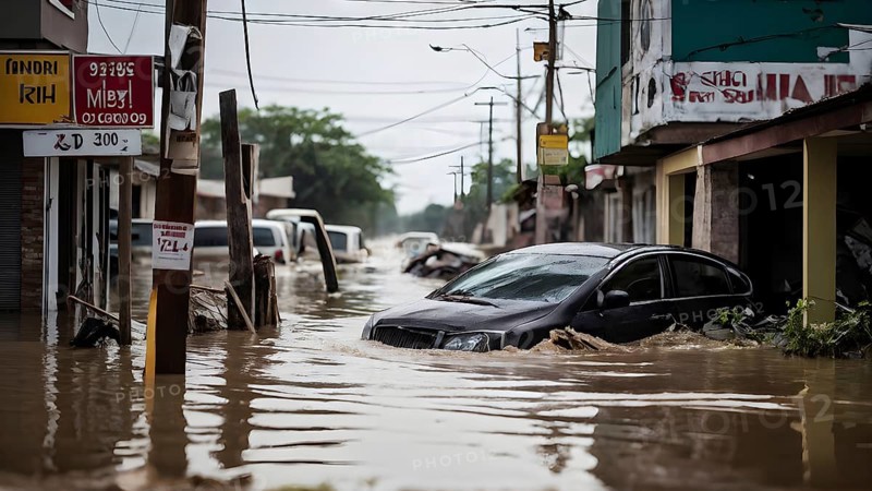 Post flood devastation in an urban landscape, AI generated