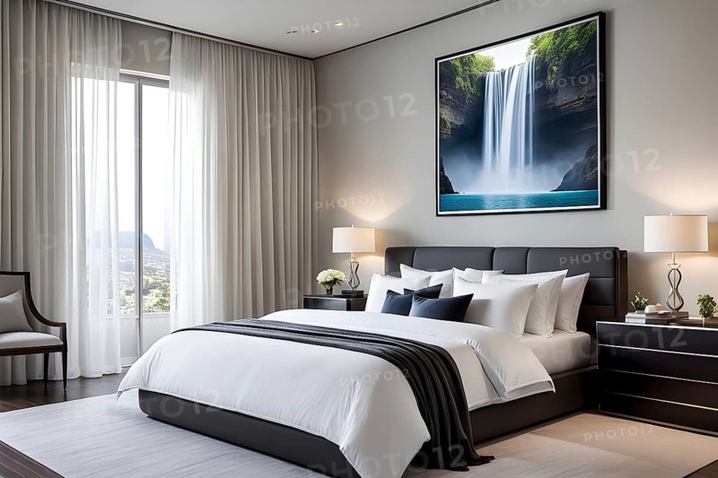 Empty modern bedroom with a large, plush bed covered in white linens, a single framed artwork on the wall, and natural light filtering through sheer curtains, AI generated
