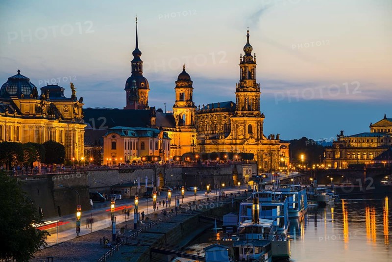 Panorama over the Elbe, from left to right: Academy of Fine Arts, Bruehl's Terrace, Sekundogenitur, Hausmannsturm of the castle, Staendehaus, Court Cathedral, Semper Opera House and Augustus Bridge, Dresden, Free State of Saxony, Germany, Europe