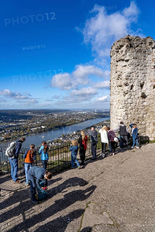 View from the ruins of Drachenfels Castle, on the Rhine towards Bonn, tourists, the Drachenfels is a mountain in the Siebengebirge on the Rhine between Bad Honnef and Königswinter, North Rhine-Westphalia, Germany, Europe