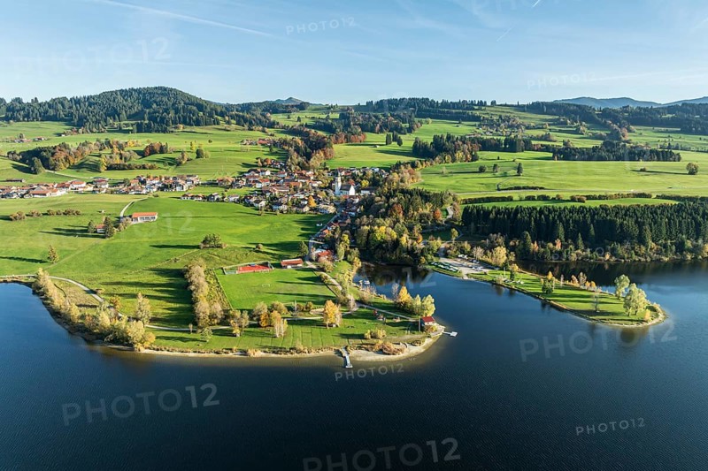 Sports facility and bathing area, lake Rottachsee, village Petersthal, autumn, aerial view, Allgaeu, Bavaria, Germany, Europe
