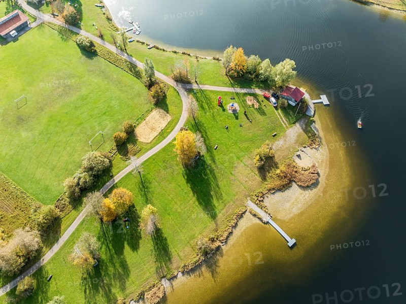 Sports facility and bathing area, lake Rottachsee, at village Petersthal, autumn, aerial view, Allgaeu, Bavaria, Germany, Europe