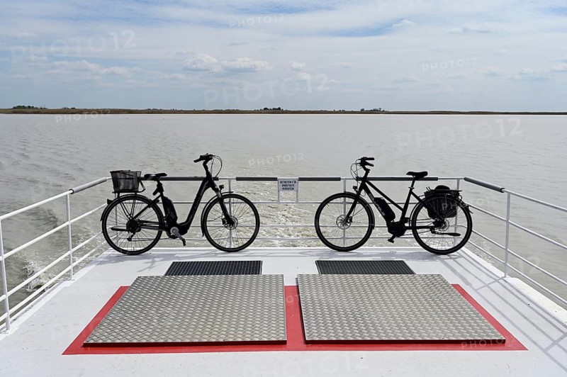 Bicycles on bicycle ferry, Illmitz, Lake Neusiedl National Park, Seewinkel, Burgenland, Austria, Europe