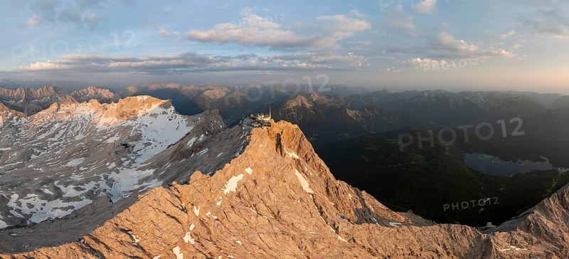 Sunrise, Alpine panorama, aerial view, Zugspitze and Zugspitzplatt with glacier, high mountains, Bavaria, Germany, Europe