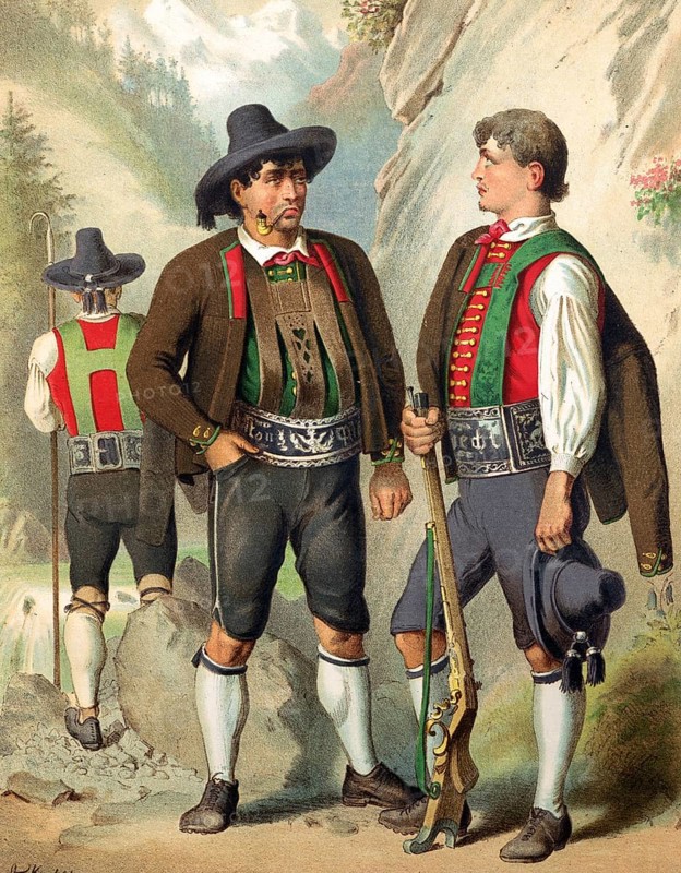 Traditional costumes in Germany around 1820, Tyrol, Passeier Valley, Two men in Tyrolean costumes in conversation in an alpine setting with a third man in the background, digitally retouched reproduction of a model from around 1850, by Albert Kretschmer (27 February 1825, 11 July 1891), German painter and traditional costume expert
