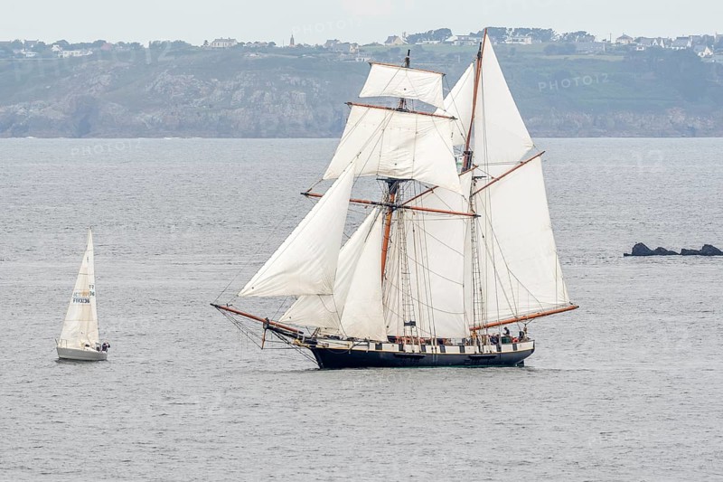 Large old traditional sailing boat in a bay on the Atlantic. Camaret sur mer, Crozon, Finistere, Brittany, France, Europe