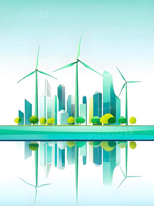 Abstract visual illustration of a city skyline where buildings morph into wind turbines and tree, AI generated