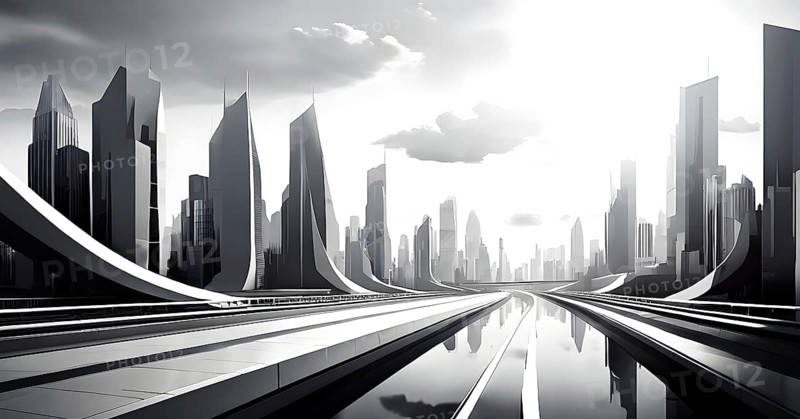 Modern city skyline using clean lines and geometric forms, with rectangular buildings and smooth, curved roads in a monochromatic color palette of grey, black, and white, AI generated