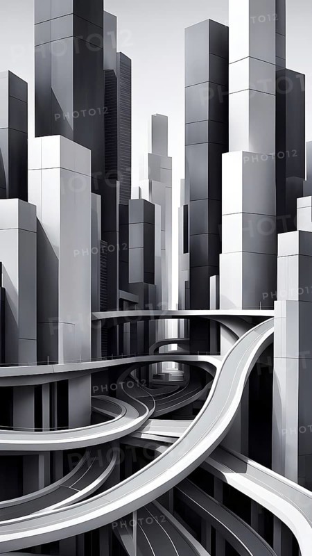 Modern city skyline using clean lines and geometric forms, with rectangular buildings and smooth, curved roads in a monochromatic color palette of grey, black, and white, AI generated