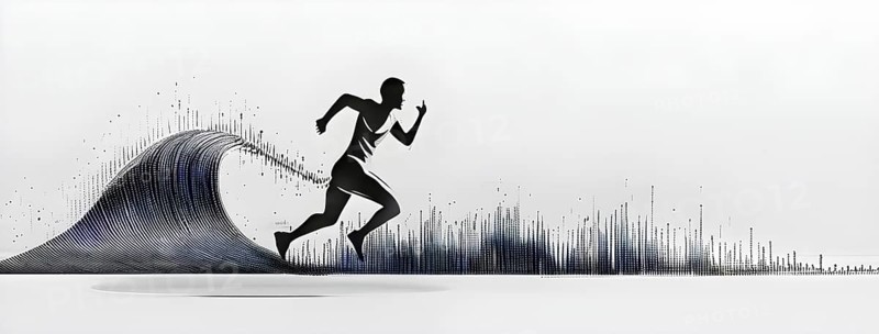 Wave of data points shaping into a runners silhouette, abstract illustration in black and white, conveying speed and precision guided by AI, AI generated