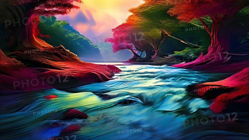AI generated painting of a surreal landscape with digital brush strokes intertwining with watercolor and photographic nature shots
