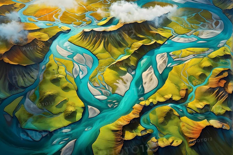 Aerial view perpendicular top down of an abstract colorful river along the coastline, AI generated