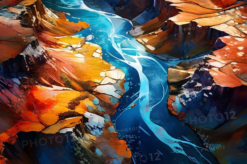 Aerial view perpendicular top down of an abstract colorful river along the coastline, AI generated