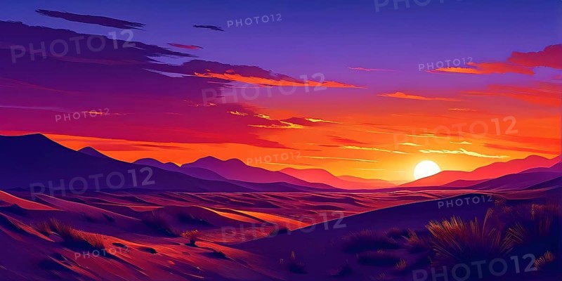 Abstract illustration of a sunset over a desert landscape in vivid and vibrant colors, AI generated