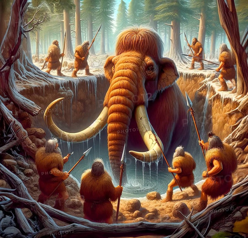 Prehistory, prehistory, mammoth hunt, a mammoth (Mammuthus) is attacked by ice age hunters in a pitfall in the prehistoric cold steppe tundra, AI generated, AI generated