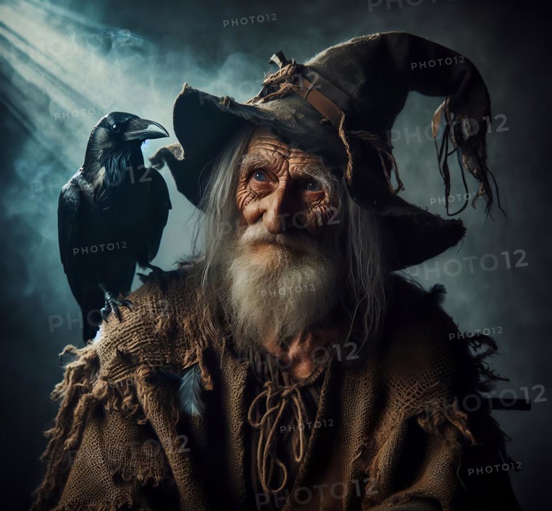An old warlock with a raven on his shoulder, symbolic image myth, mythology, fairy tale, magic, witchcraft, belief, AI generated, AI generated