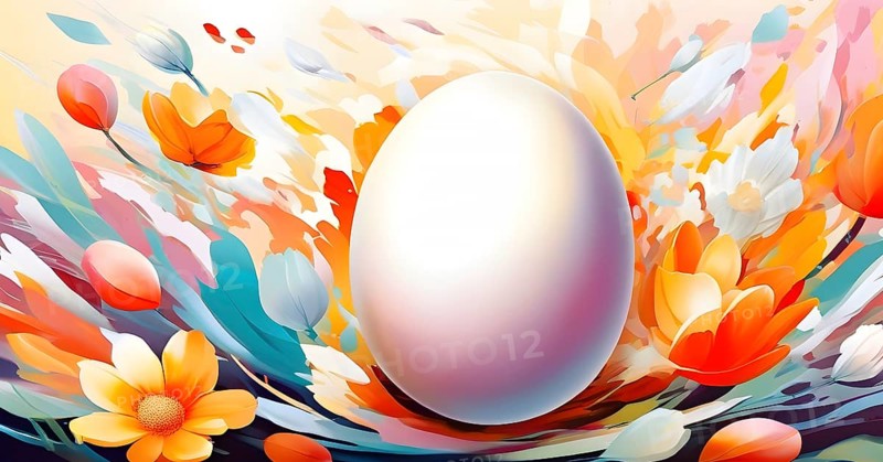 An energetic, abstract explosion of spring colors with egg and flower motifs subtly integrated, creating a festive and lively composition, AI generated