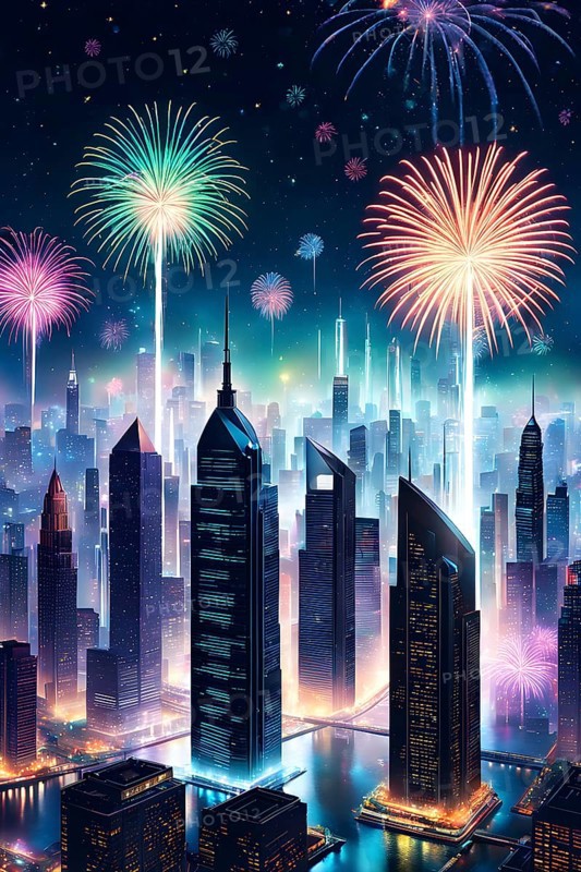 Wallpaper illustration of a cityscape on New Year's Eve, with glowing skyscrapers and floating holographic fireworks, blending a sense of festive atmosphere, AI generated