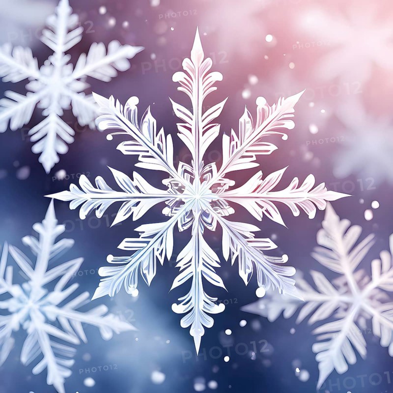 Abstract pattern of snowflakes in varying sizes and shapes in soft white and blue gradients, AI generated