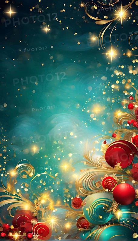 Abstract wallpaper illustration of Christmas symbols for gift cards, swirling shapes and lines, in red green and golden colors, AI generated