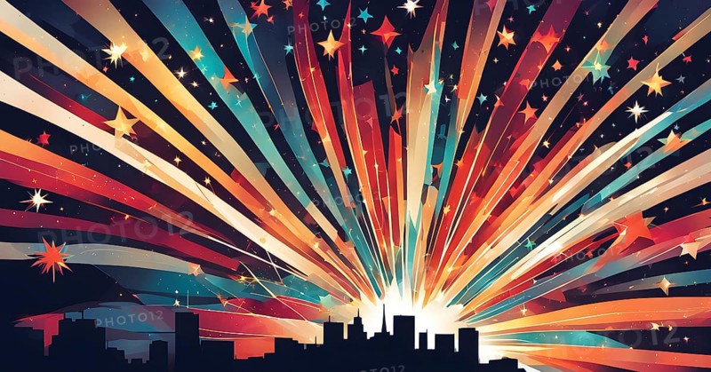 Wallpaper illustration of an explosion of vibrant fireworks colors in a night sky, symbol for happy new year, AI generated