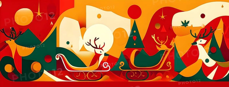 Whimsical abstract scene with stylized reindeer and sleighs to capture the magic of Christmas, AI generated