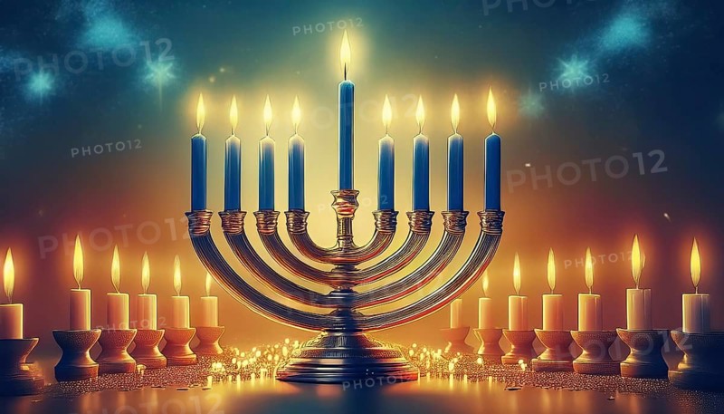Hanukkia, eight-armed Hanukkah candlestick with lit candles, symbolic image for Hanukkah, Jewish festival of lights, AI-generated image, AI generated