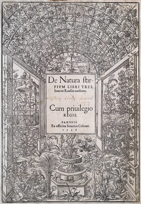 Frontispiece, title page, woodcut from De Natura stirpium libri tres by Simon de Colines, Paris, 1536