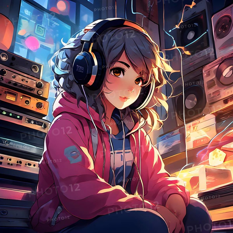 Anime style portrait of a girl with large headphones engulfing her ears, AI generated