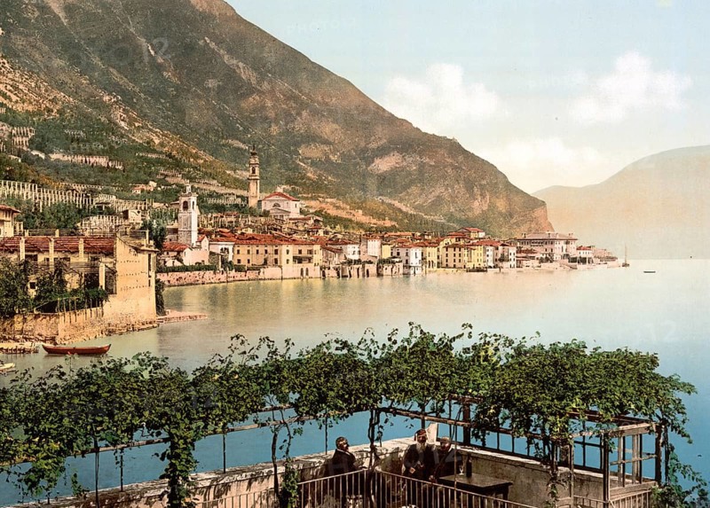 General view, Gargnano, Lake Garda, Italy, Historical, digitally restored reproduction from a 19th century original, 1880, Record date not stated, Europe