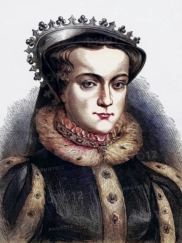 Mary I (1516-58) Queen of England from 1553, daughter of Henry VIII and Catherine of Aragon and a staunch Catholic, Mary married Philip II of Spain but the marriage remained childless, her reign was characterised by religious unrest and her persecution of Protestants led to her being called Bloody Mary, member of the Tudor dynasty, Historical, digitally restored reproduction from a 19th century original, Record date not stated