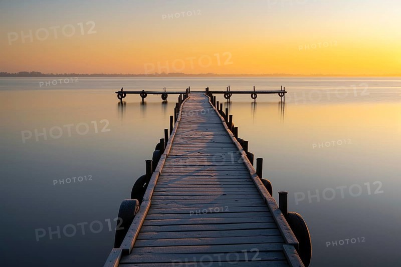 Sunrise at Lake Dümmer, jetty, path, jetty, stillness, lake, Dümmerlohhausen, Lower Saxony, Germany, Europe