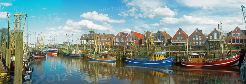 Panorama, Cutter harbour, Neuharlingersiel, East Frisia, Germany, Europe