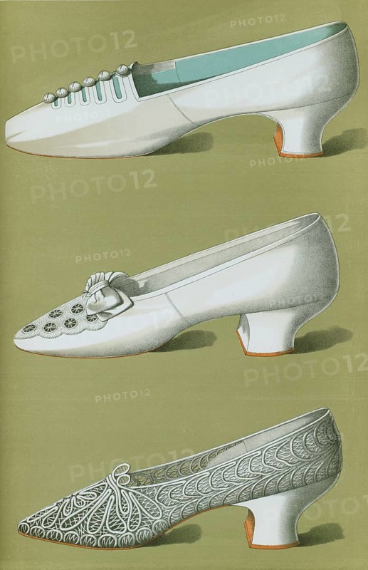 Shoe fashion in 1900, Women's shoes, Shoe of white silk with small netted buttons resting on straps, white satin shoe embroidered in crystal beads and silk twis, Shoe of white silk with small netted buttons resting on straps, white satin shoe embroidered in crystal beads and silk twis (1900)