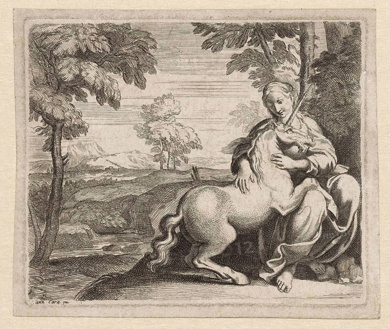 Young Woman with a Unicorn, c. 1602, Italy, Historic, digitally restored reproduction from a 19th century original, Record date not stated, Europe