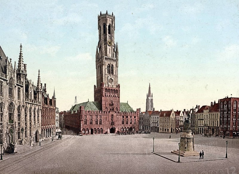 The Great Square with the Belfry, Bruges, Belgium, Historical, digitally restored reproduction from a 19th century original, Record date not stated, Europe