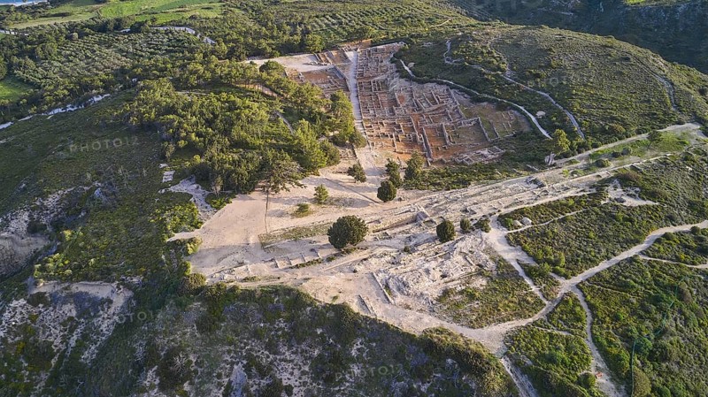 Drone shot, first morning light, Aerial view of ancient ruins surrounded by green hills and lush vegetation, Kamiros, Archaeological site, Ancient city, Foundation of Doric Greeks, Rhodes, Dodecanese, Greek Islands, Greece, Europe