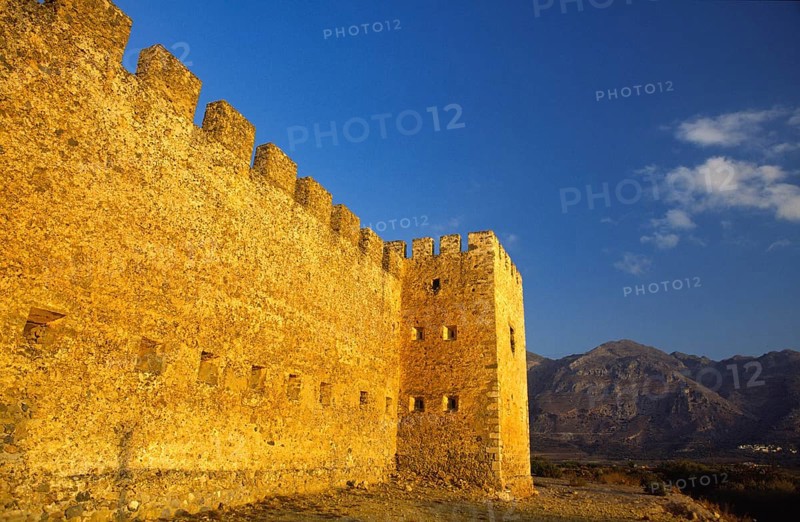 Scan, side view, fortification wall, embrasures, battlements, tower, mountains, blue sky, single white clouds, Frangokastello, Venetian fortress, fortress castle, Sfakia, West Crete, south coast, island of Crete, Greece, Europe