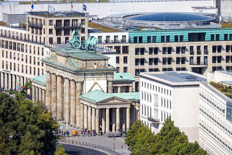 Brandenburg Tor. View from the panorama point Kollhoff-Tower at Potsdamer Platz, city view. Berlin, Germany, Europe