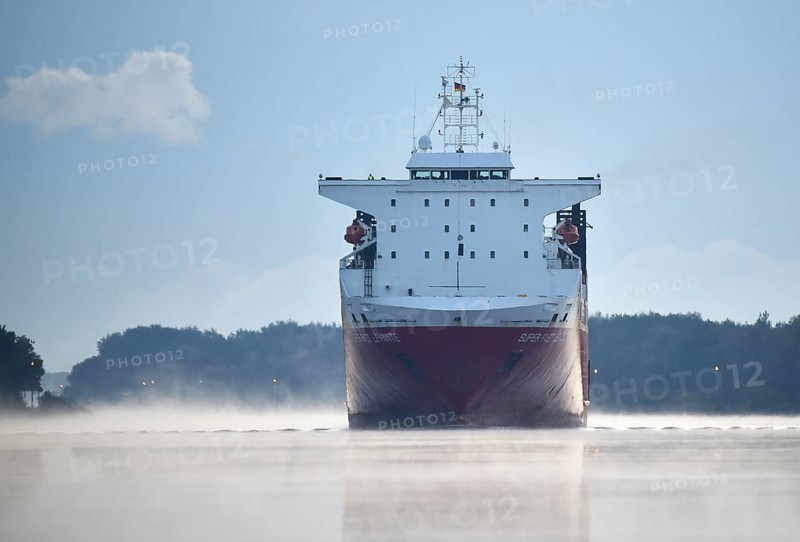 RoRo cargo ship Super Fast Levante travelling through the Kiel Canal at sunrise, Kiel Canal, Schleswig-Holstein, Germany, Europe