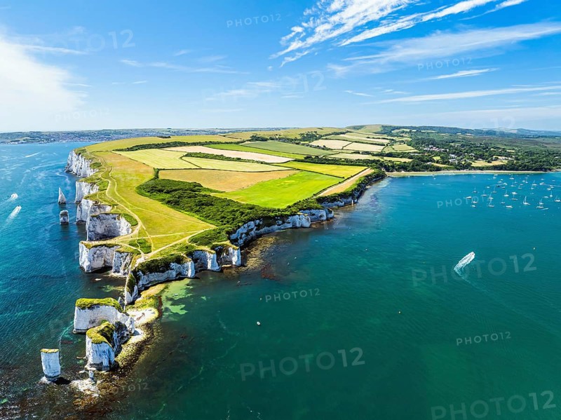 White Cliffs of Old Harry Rocks Jurassic Coast from a drone, Dorset Coast, Poole, England, United Kingdom, Europe