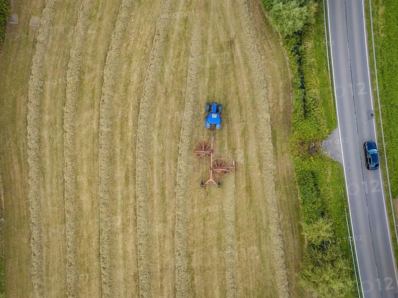 Aerial view of a tractor with hay tedder on a hay field next to a country road, surrounded by trees, Dachtel. Black Forest, Germany, Europe