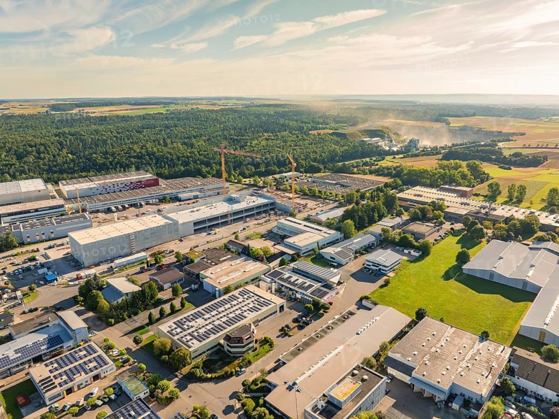 An industrial area surrounded by forests and fields, with various buildings and streets under a clear sky, Wolfsberg industrial area, Nagold, Black Forest, Germany, Europe