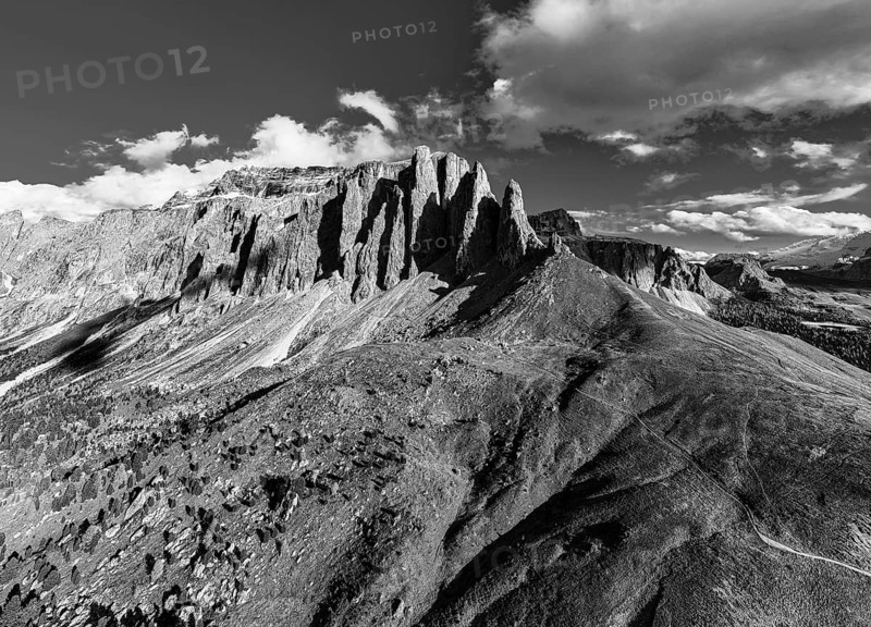 The peaks of the Puez Group, drone image, black and white image, Val Gardena, Dolomites, Autonomous Province of Bolzano, South Tyrol, Italy, Europe