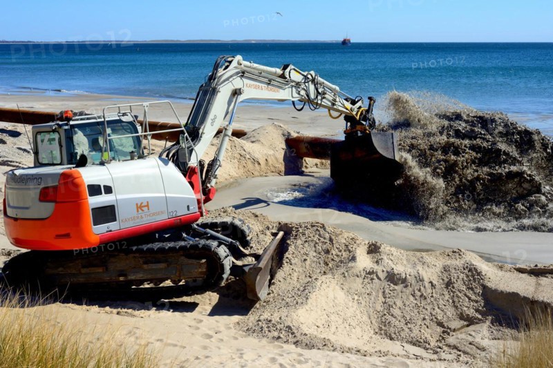Renaturation, Repair of erosion-damaged beach. Sand is sucked up from the seabed and pumped via pipeline to the beach in Ystad, Skåne, Sweden, Baltic Sea, Scandinavia, Europe