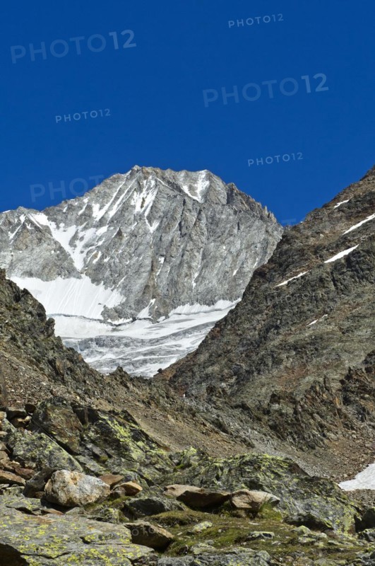 Wide scree fields in front of the Bietschhorn summit, Lötschental, Valais, Switzerland, Europe