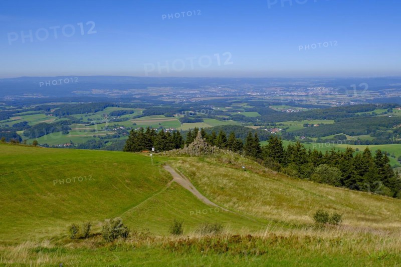 Panoramic view from the Wasserkuppe to the aviation memorial, Wasserkuppe, Rhön, district of Fulda, Hesse, Germany, Europe